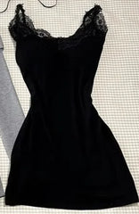BXOXO Sweet Sexy Lace Patchwork Black Camisole Dress Women+Long Sleeve Slim Fit Y2k Crop Tops Autumn New Two Piece Sets Outfits New