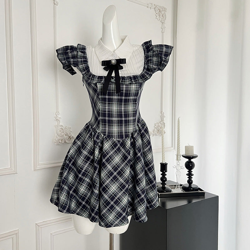 BXOXO - summer inspo Vintage Plaid Mini Dress Women Korean Style Elegant Causal Dress Fashion Splicing Design Dress 2025 Summer New