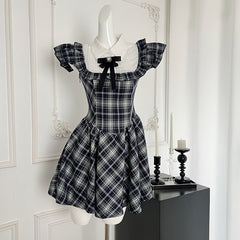 BXOXO - summer inspo Vintage Plaid Mini Dress Women Korean Style Elegant Causal Dress Fashion Splicing Design Dress 2025 Summer New
