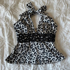BXOXO Y2k Tops Camis Women Clothing Leopard Punk Sexy Sling Lace Aesthetic Crop Top Baby Tee Slim Gothic Backless Femme Grunge T shirt