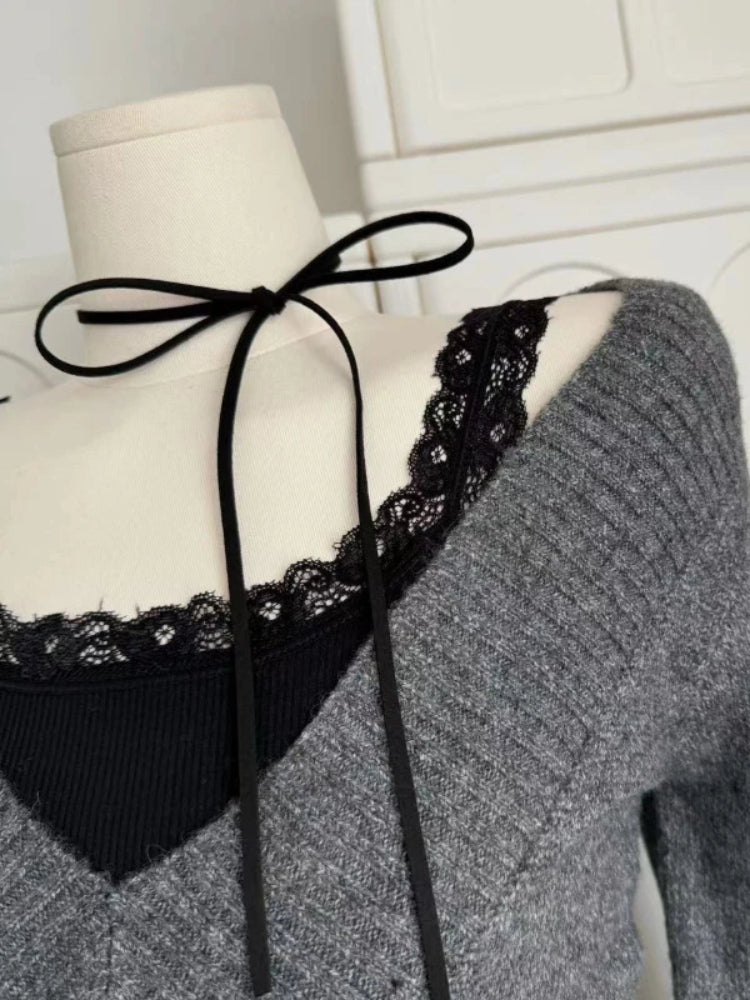 BXOXO Vintage V-neck Woman Sweater Sexy Coquette Gray Long Sleeve Knitwears Pullovers Preppy Style 2000s Aesthetic Sweaters