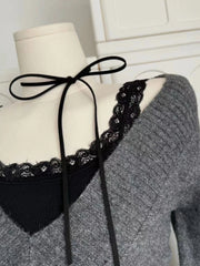 BXOXO Vintage V-neck Woman Sweater Sexy Coquette Gray Long Sleeve Knitwears Pullovers Preppy Style 2000s Aesthetic Sweaters