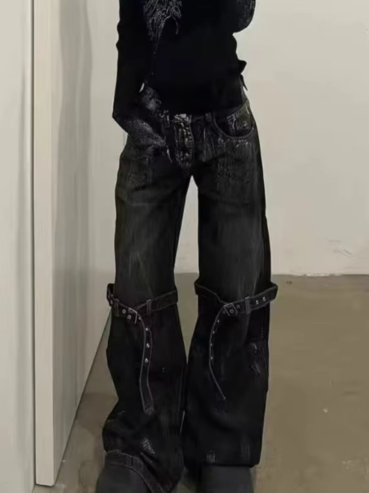 BXOXO Y2K Gothic Women Jeans Grunge Hip Hop Harajuku Black Denim Trousers Female Vintage Streetwear Punk High Waist Denim Pant