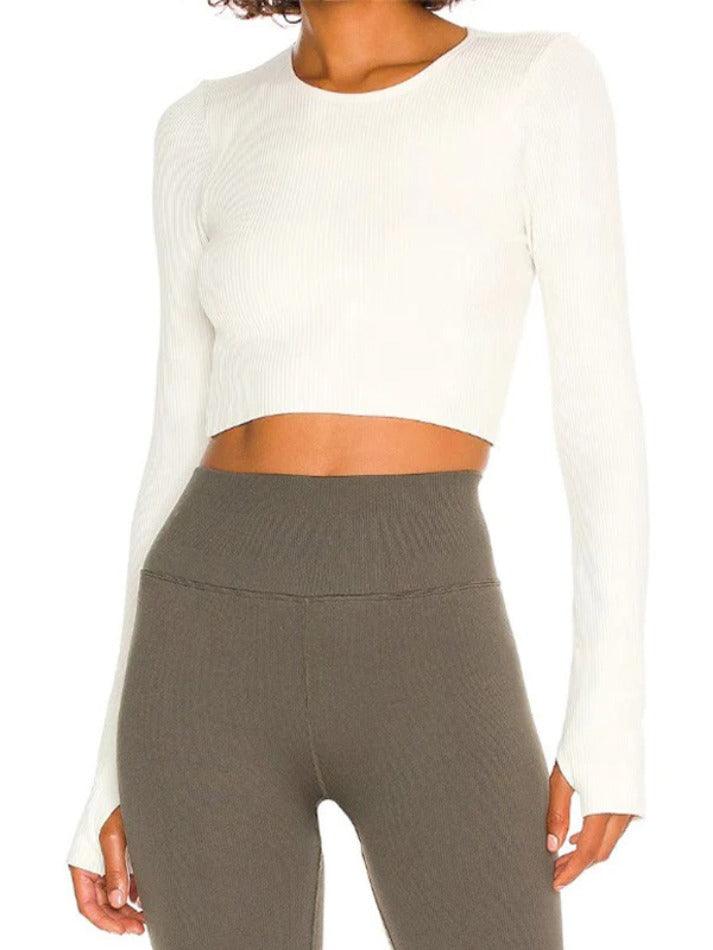 Sporty Solid Ribbed Twist Back Long Sleeve Tee