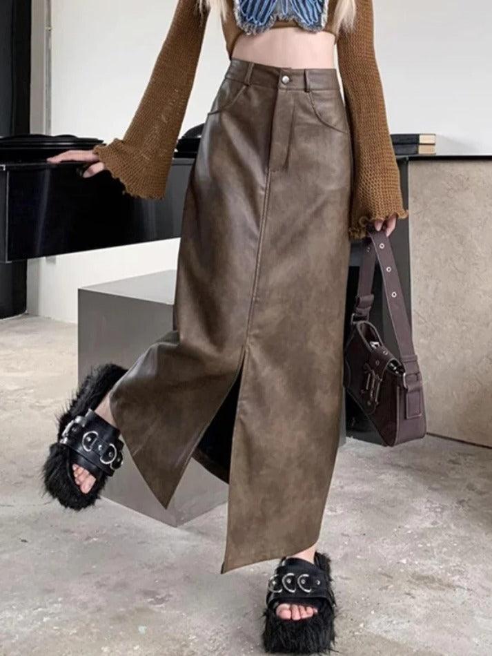 Vintage Brown High Rise Split PU Leather Midi Skirt
