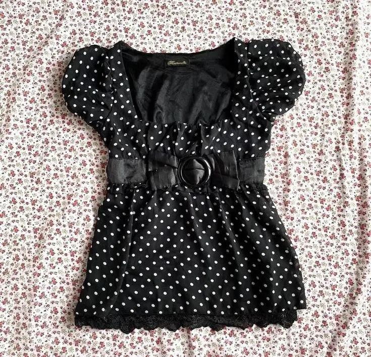 BXOXO Aesthetic Crop Top Women Clothes Polka Dot T shirts Harajuku Short sleeve Lace Casual 2000s Graphic Tees Femme Kawaii Korea Tops