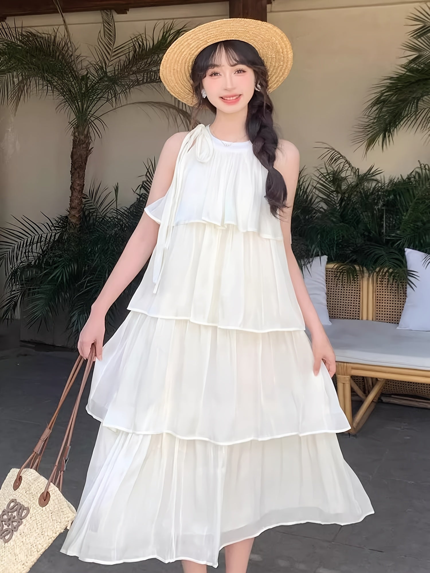 BXOXO 1pc Elegant French Halter Neck Off-Shoulder Cake Suspender Skirt Dress for Women - Summer New Casual Seaside Vacation Dress, Polyester, Round Neck, Sleeveless, Layered Cake Design, Mid-Length, Loose Fit, A-Line, Lightwe