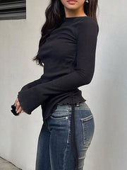 BXOXO - summer inspo Black Solid Ribbed O Neck Slim Long Sleeve Basic Long Sleeve T Shirt Women Side Shirring Lace-Up Chic Fashion Elegant Simple Tee