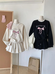 BXOXO Autumn Winter Women Korean Girl Y2k Ballet Core Outfits 2 Piece Set Long Sleeve Sweatshirts + Mini Pleated Lace Patchwork Skirts