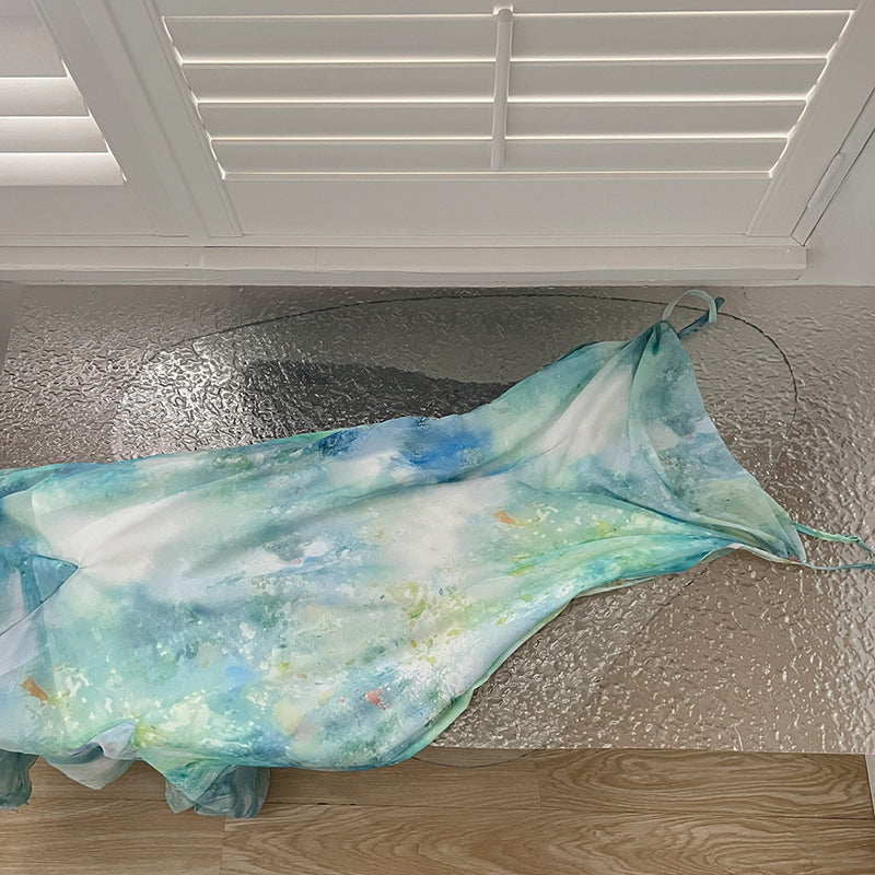 BXOXO - summer inspo Fashion Tie Dyed Printed Suspender Dress for Women Spring Summer Swing Collar Mermaid Dress Vintage Wrapped Fishtail Long Dress