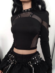 BXOXO - summer inspo Punk Style Metal Eyelet Black Long Sleve T Shirt Women Dark Academia Mesh Patchwork Chic Tee Halloween Streetwear