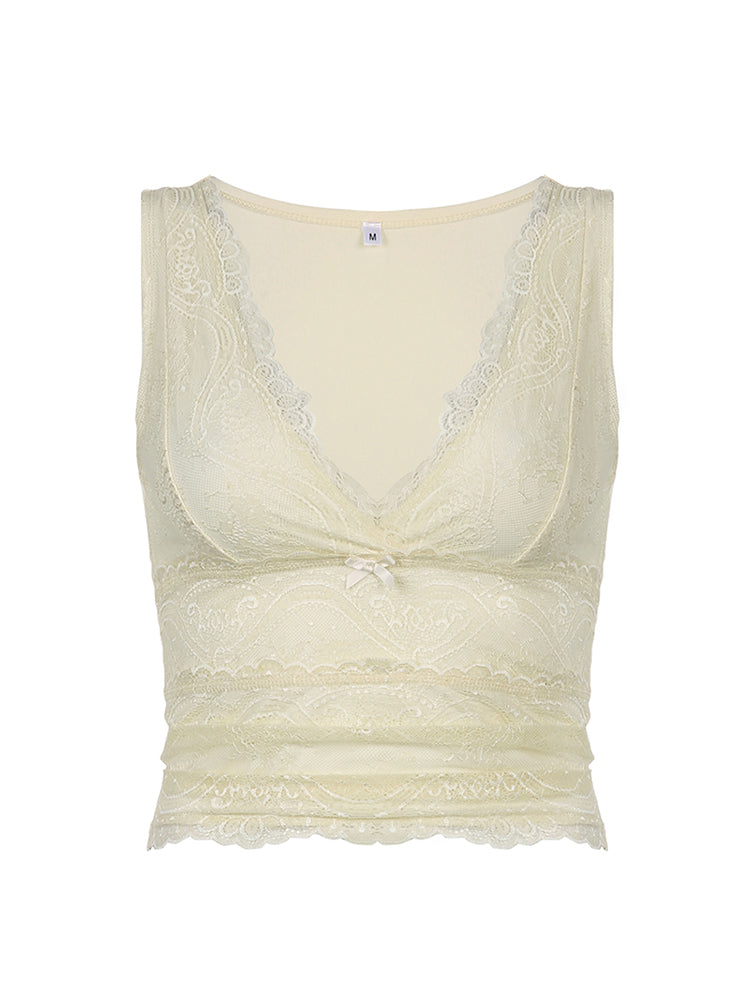 BXOXO - summer inspo Solid Sleeveless Two Layer Lace V Neck Slim Y2K Crop Top Women Cute Basic Summer Vest
