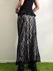 BXOXO Lace Double Layer Long Skirts Black Baggy y2k Aesthetic Straight Midi Skirts femme Clothing 2000s Grunge Fairycore