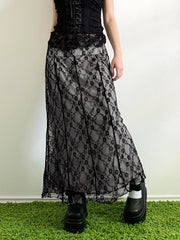 BXOXO Lace Double Layer Long Skirts Black Baggy y2k Aesthetic Straight Midi Skirts femme Clothing 2000s Grunge Fairycore