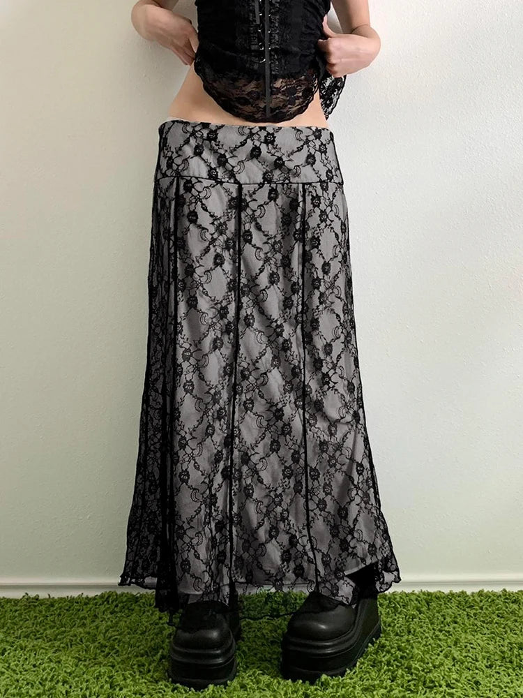 BXOXO Lace Double Layer Long Skirts Black Baggy y2k Aesthetic Straight Midi Skirts femme Clothing 2000s Grunge Fairycore