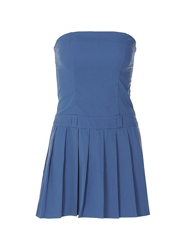 Solid Color Pleated Bandeau Mini Dress