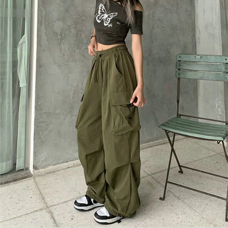 BXOXO Women Casual Cargo Pant Solid Low Waist Drawstring Big Pockets Wide Leg Baggy Trousers Female Y2K Streetwear Oversize Sweatpants