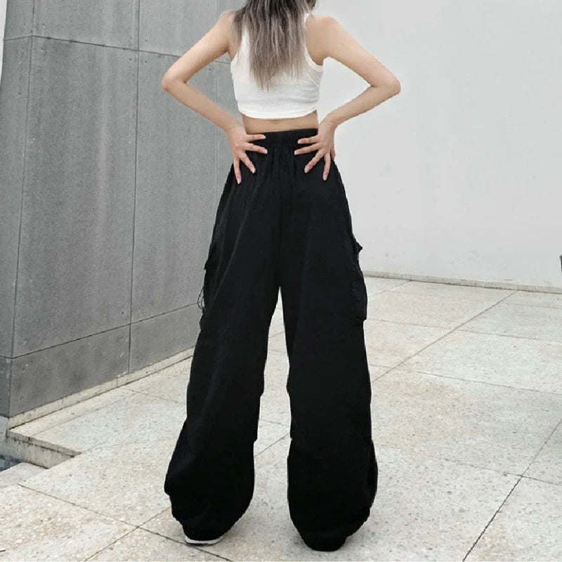 BXOXO Women Casual Cargo Pant Solid Low Waist Drawstring Big Pockets Wide Leg Baggy Trousers Female Y2K Streetwear Oversize Sweatpants