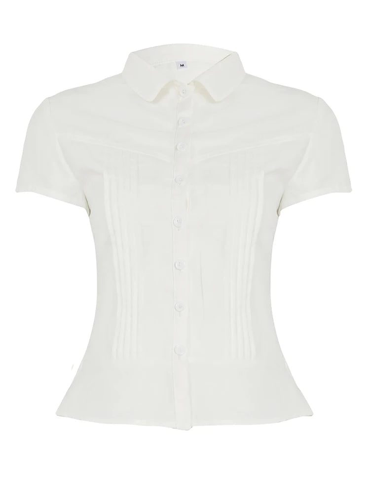 Bxoxo Pink / White Slim Blouse Shirts Summer Women Turn Down Collar Short Sleeve Folds Button Solid Cropped Tops y2k coquette
