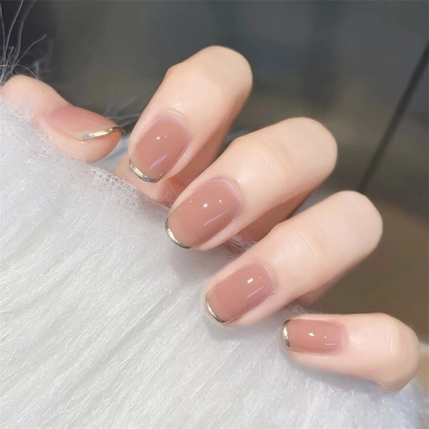 Bxoxo 24P French Oval False Nails Girls White Edge Design Nude Color Wearable Press on Nail Full Cover Short Acrylic Almond Fake Nails