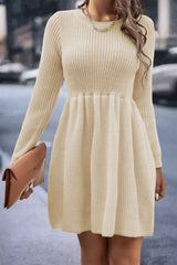 BXOXO - Solid Color Shirring Long Sleeve Knitted Dress
