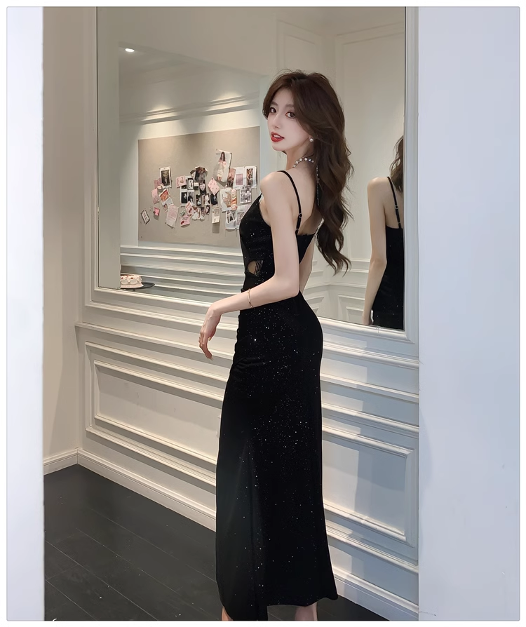 Black V-neck Slit Long Dress HOT1254