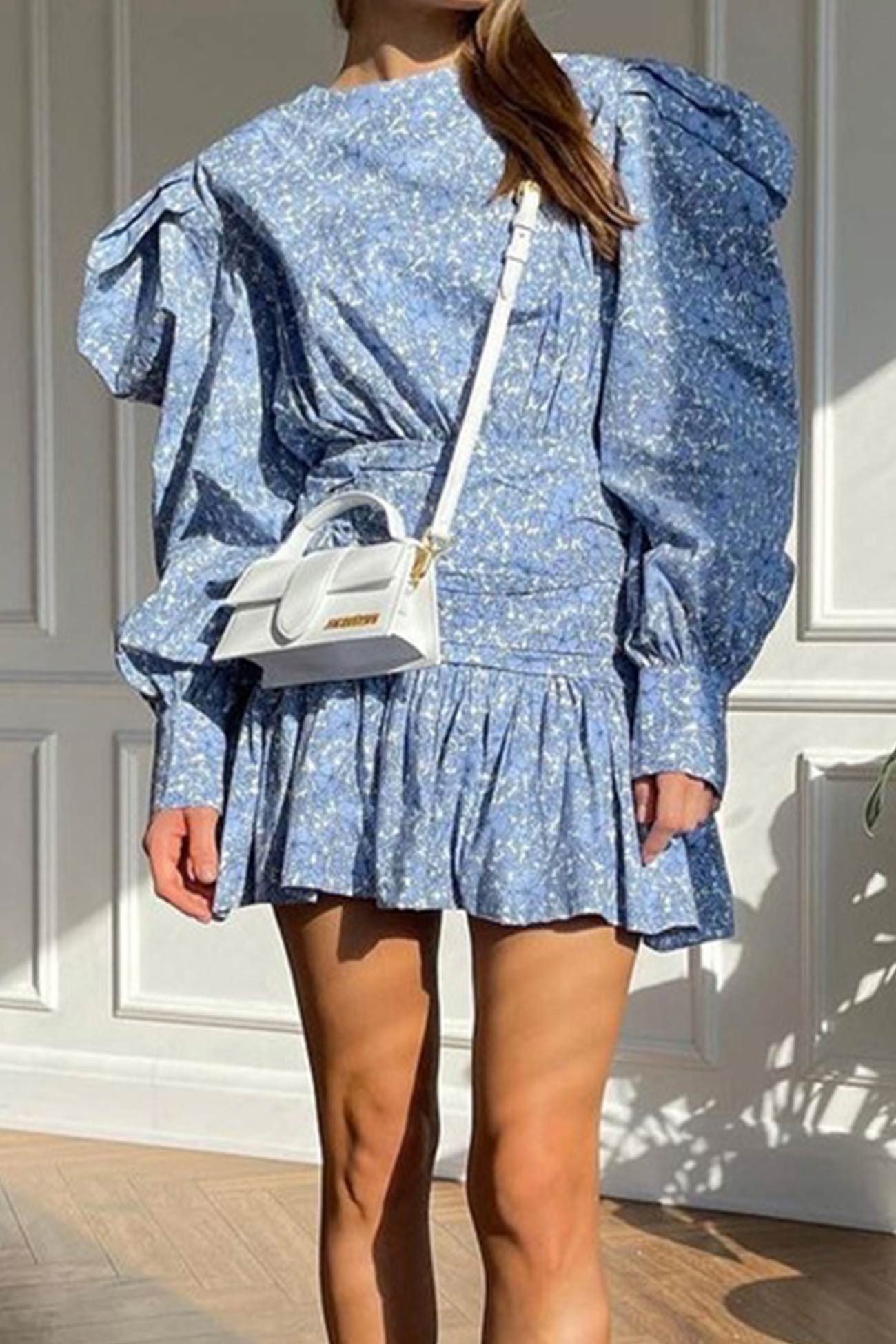 BXOXO - Blue Puff Sleeve Gathered Ruffle Floral Dress