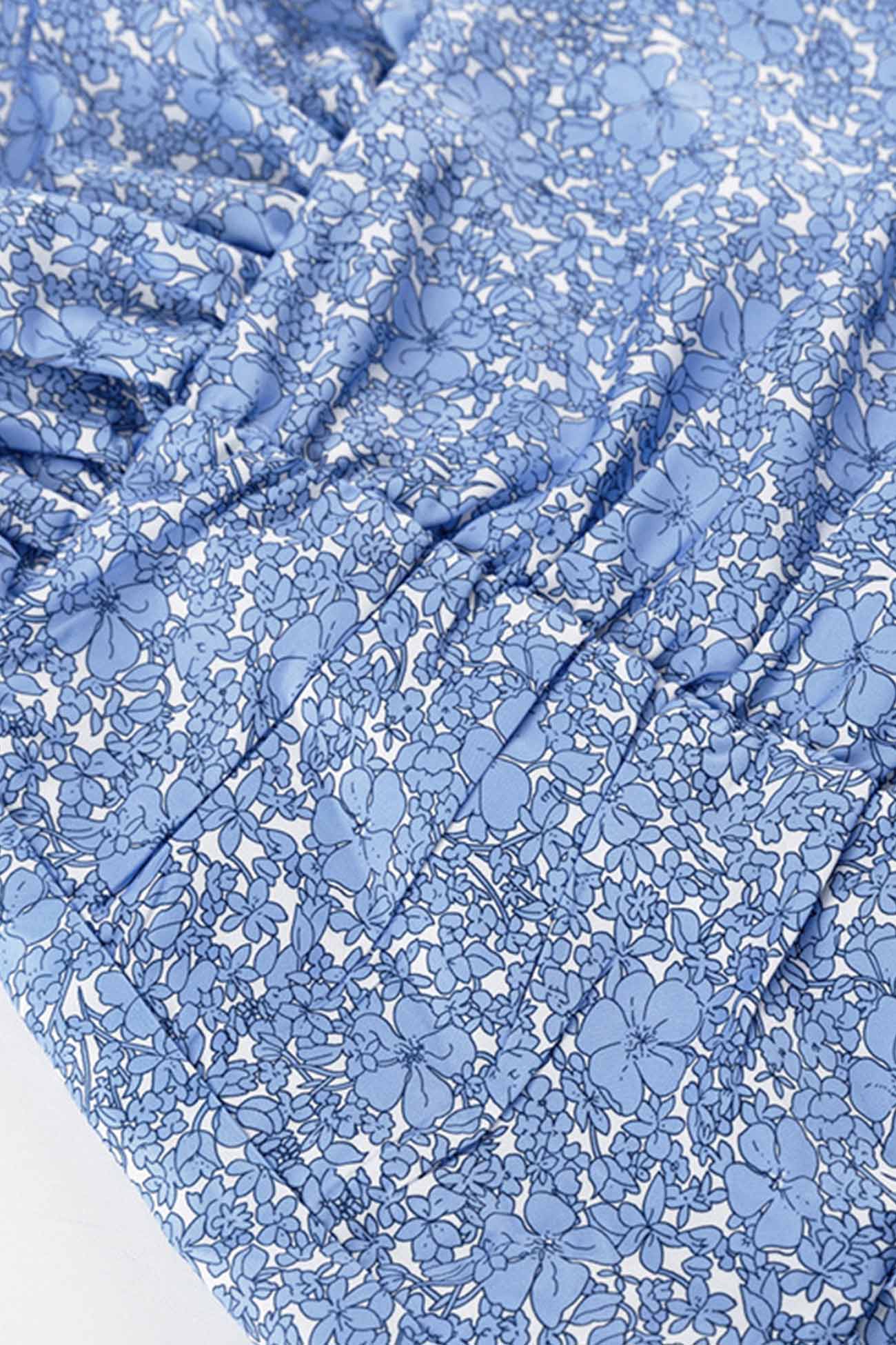 BXOXO - Blue Puff Sleeve Gathered Ruffle Floral Dress