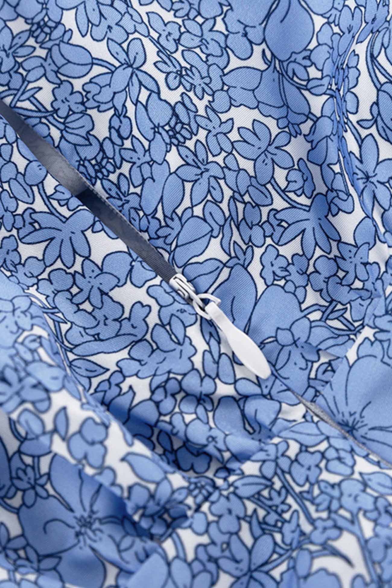 BXOXO - Blue Puff Sleeve Gathered Ruffle Floral Dress