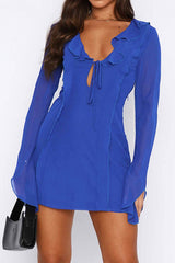 BXOXO - Ruffled Long Sleeved Lace Up Mini Dress