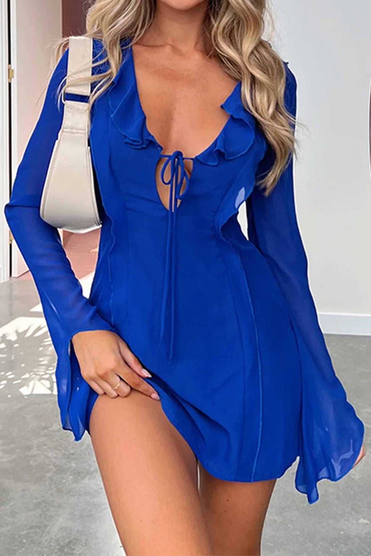 BXOXO - Ruffled Long Sleeved Lace Up Mini Dress