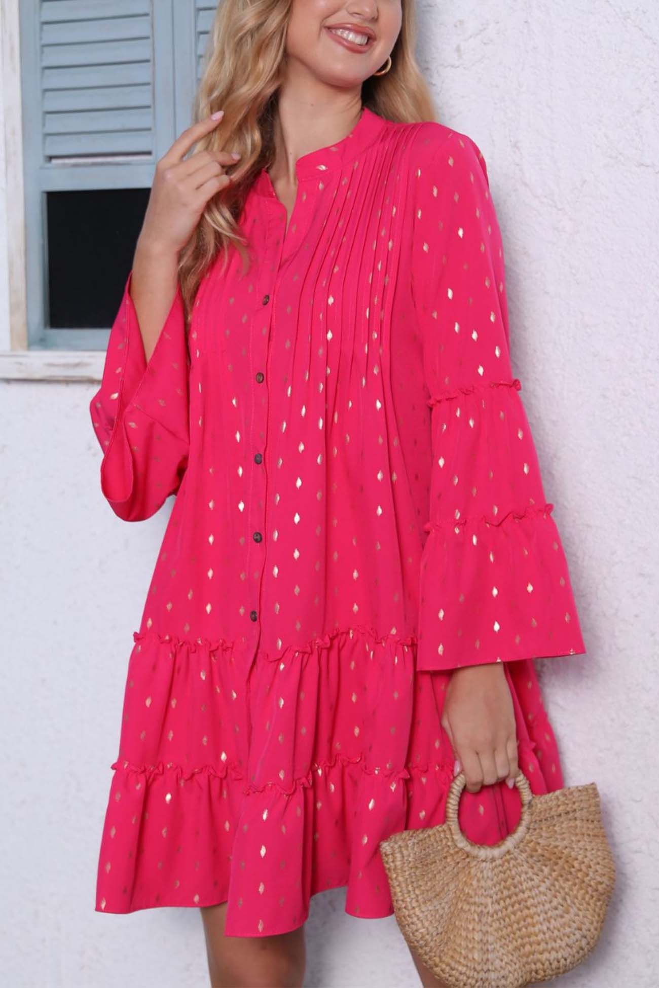 BXOXO - Button Pleated Bell Sleeve Tiered Dress