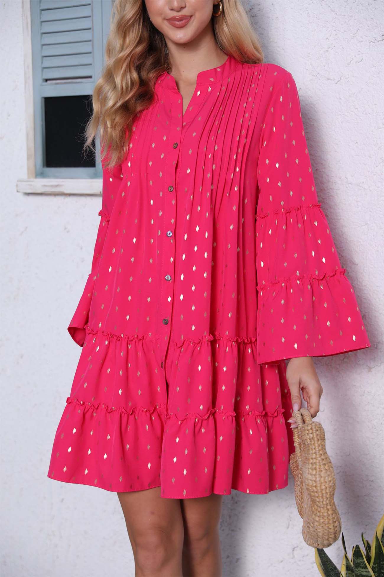 BXOXO - Button Pleated Bell Sleeve Tiered Dress