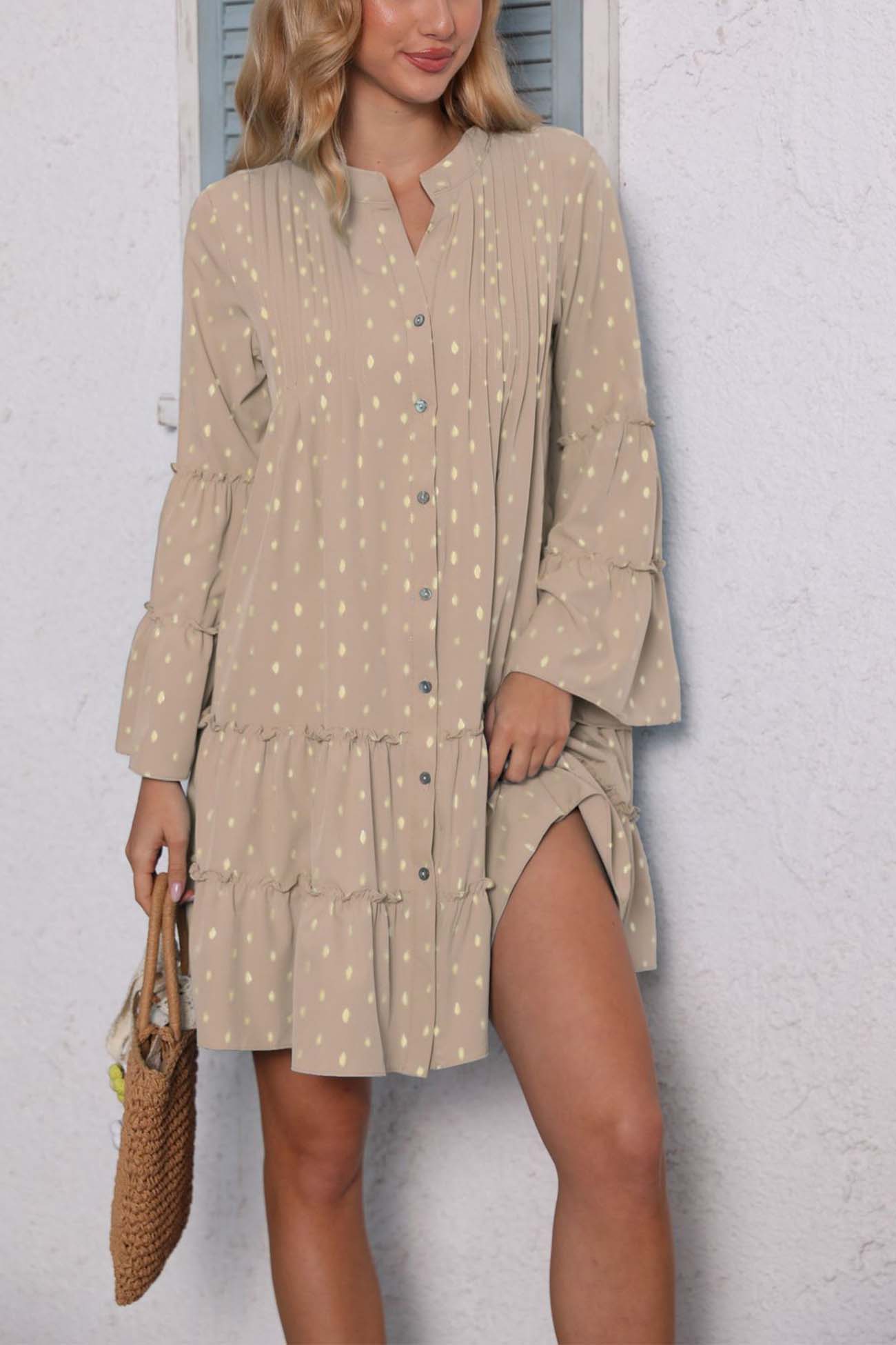BXOXO - Button Pleated Bell Sleeve Tiered Dress