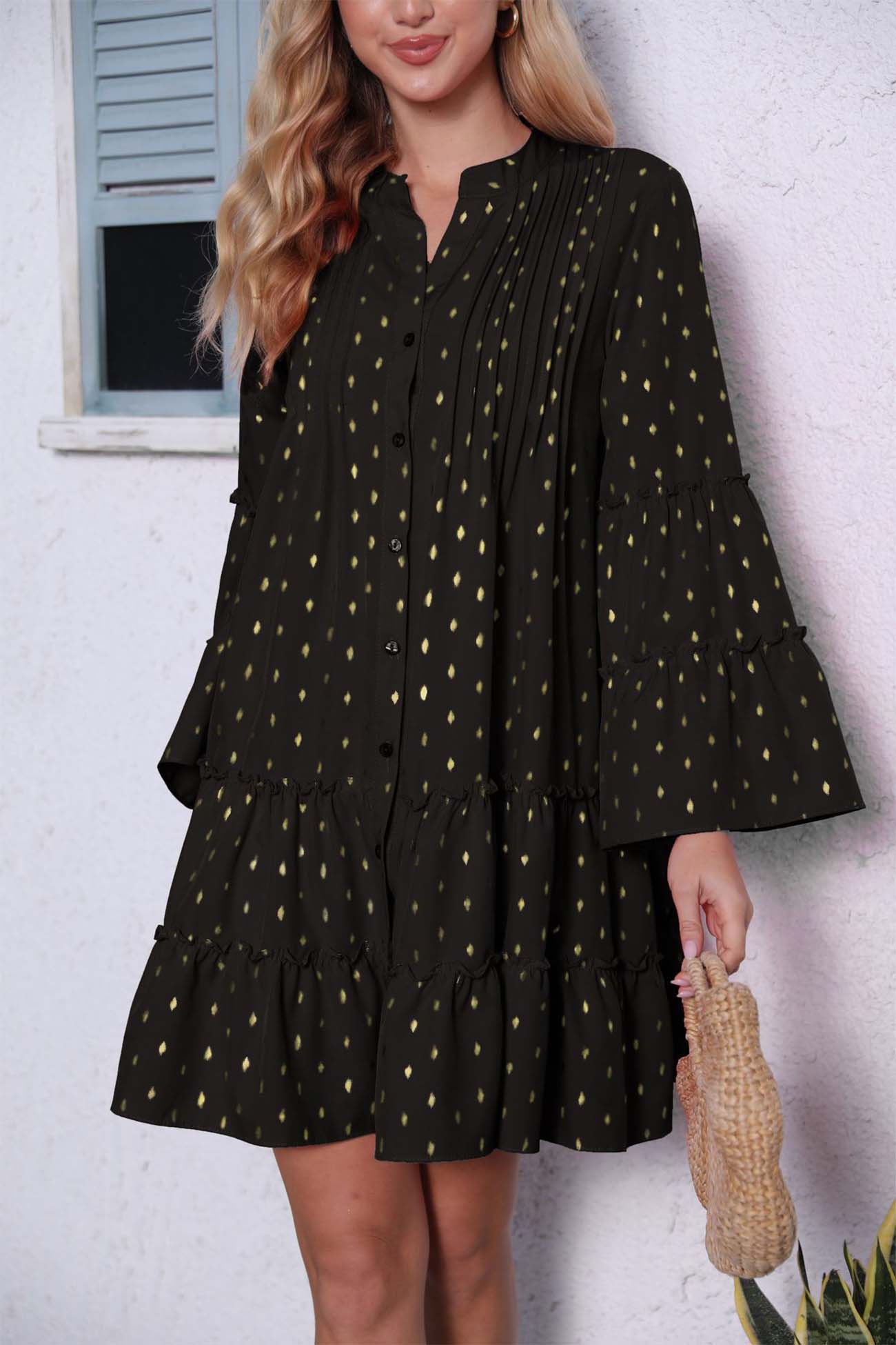 BXOXO - Button Pleated Bell Sleeve Tiered Dress