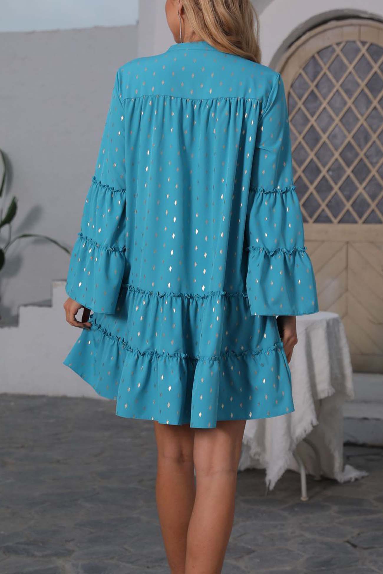 BXOXO - Button Pleated Bell Sleeve Tiered Dress