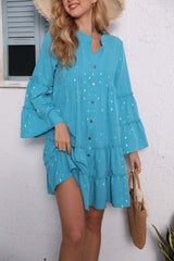 BXOXO - Button Pleated Bell Sleeve Tiered Dress