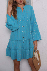 BXOXO - Button Pleated Bell Sleeve Tiered Dress