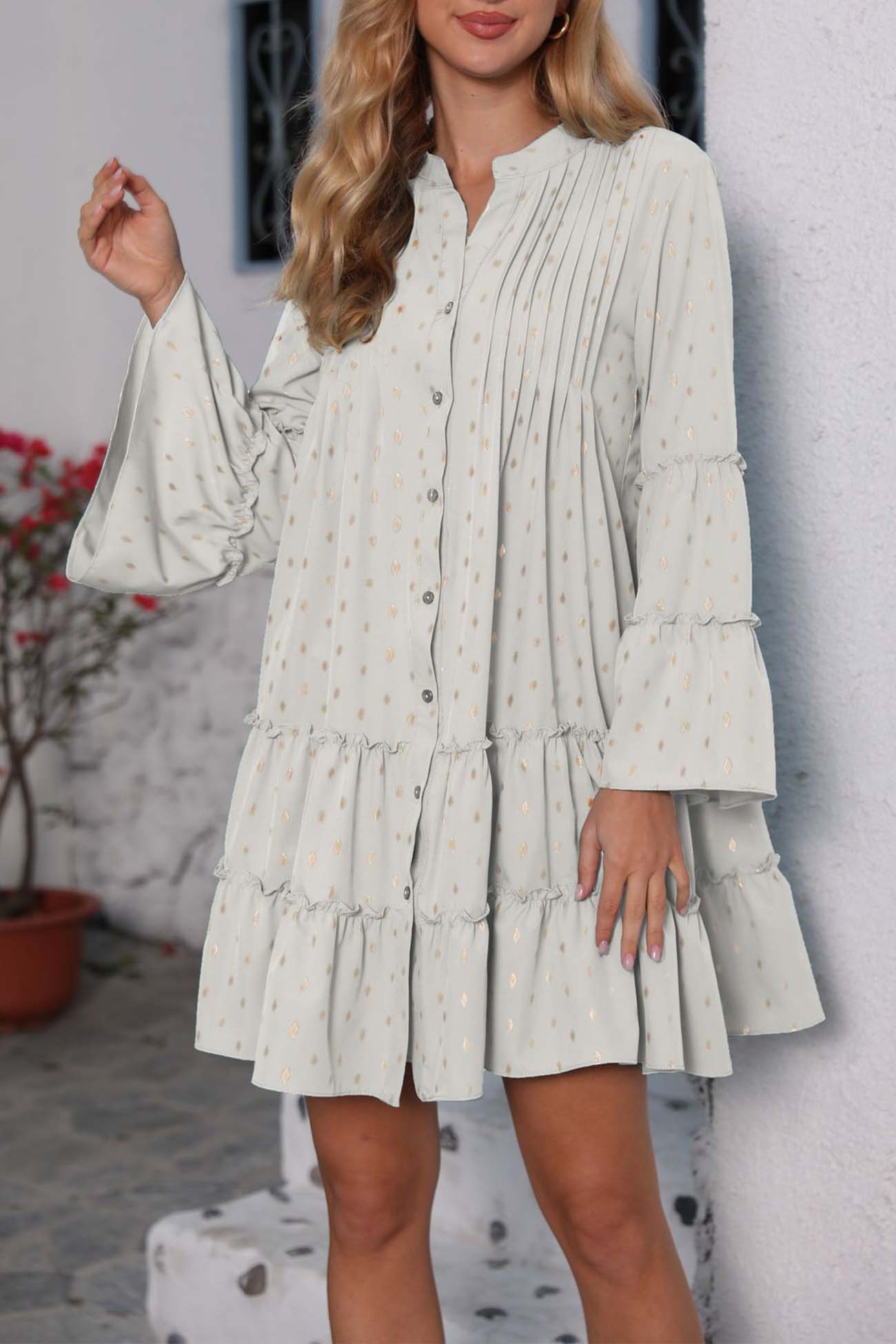 BXOXO - Button Pleated Bell Sleeve Tiered Dress