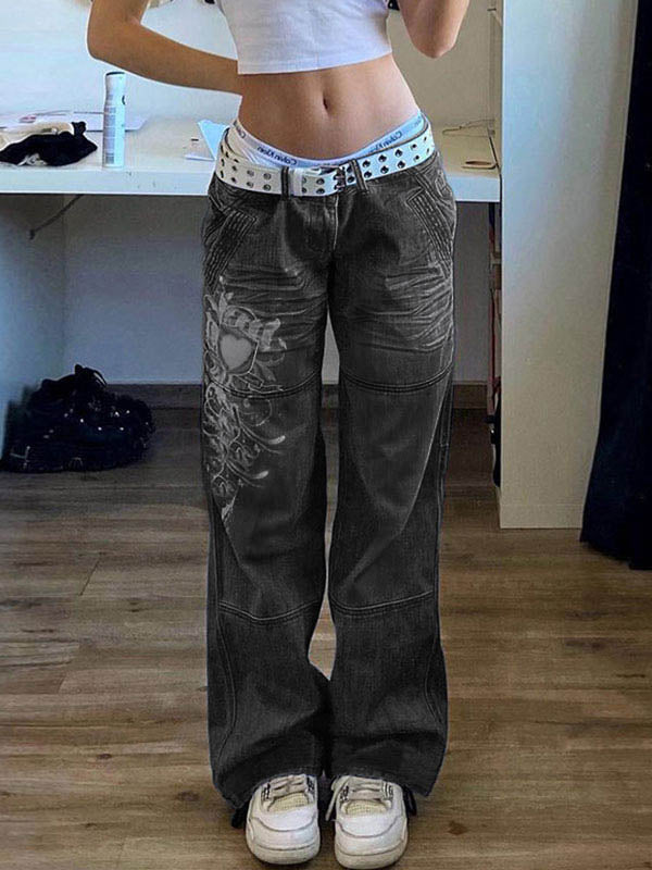 Washed Heart Pattern Cargo Jeans