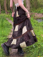 Patchwork Velvet Printed Maxi Skirt