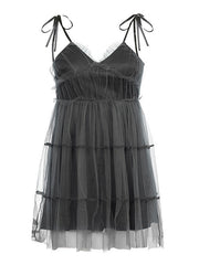 Y2K Gothic Patchwork Mesh Tie Strap Mini Dress