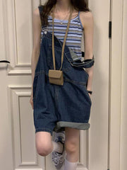 Washed Denim Baggy Overall Shorts