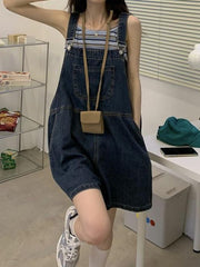 Washed Denim Baggy Overall Shorts