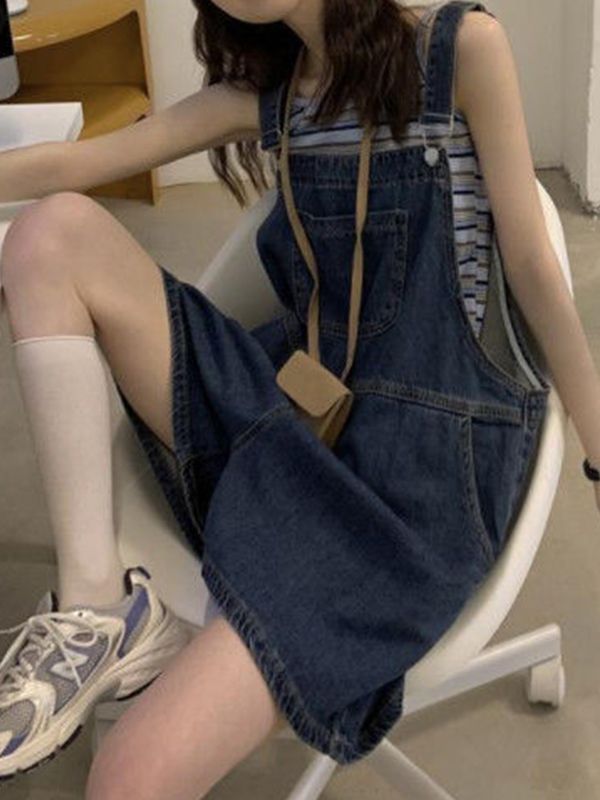 Washed Denim Baggy Overall Shorts