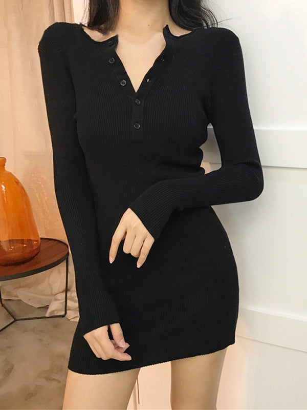 Button Front Ribbed Knit Long Sleeve Mini Dress