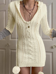 Hooded Cable Knit Long Sleeve Mini Dress