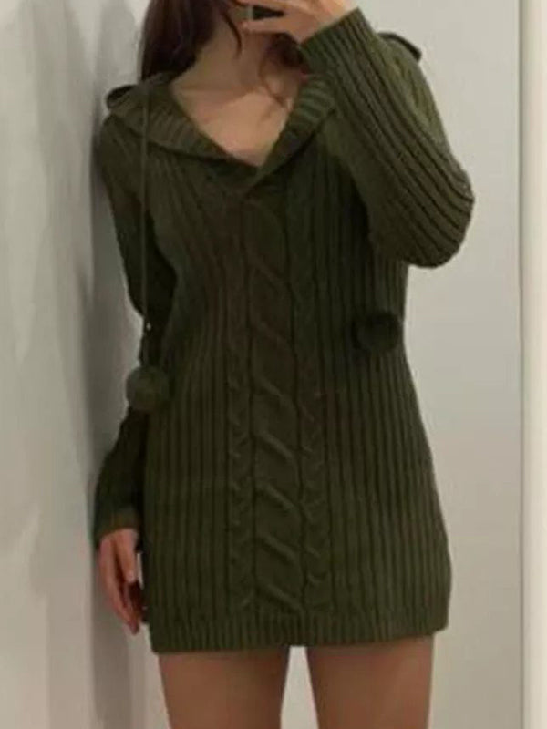 Hooded Long Sleeve Knitted Mini Dress