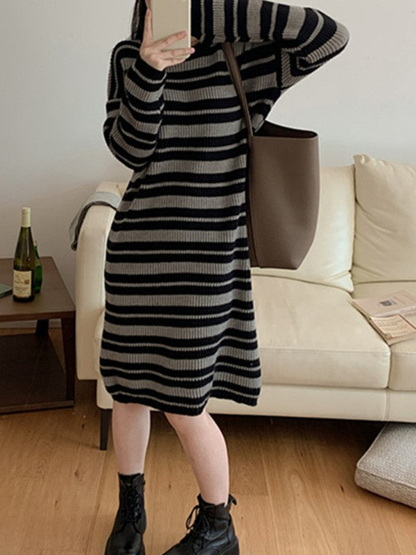 Knitted Stripe Long Sleeve Maxi Dress