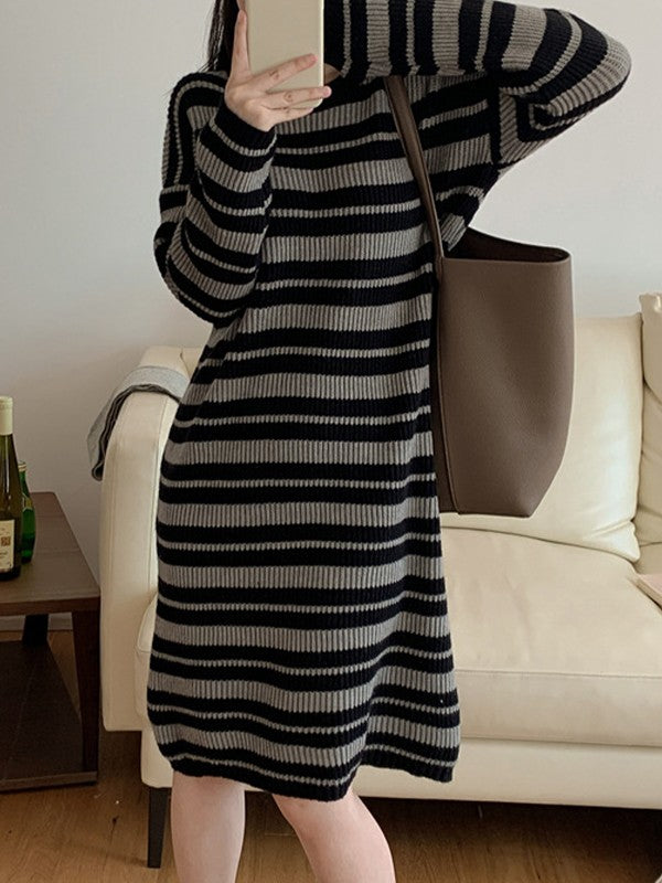 Knitted Stripe Long Sleeve Maxi Dress